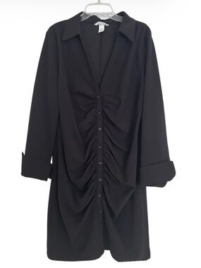 Draped Shirt Dress Roughed V Neck Wedding Guest Black Size XL